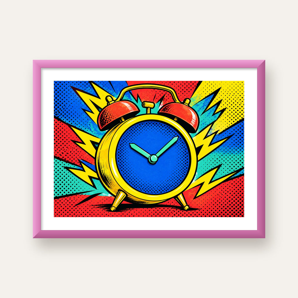 Pop Art Çalar Saat Poster – Renkli Duvar Dekoru — pembe çerçeveli paspartulu