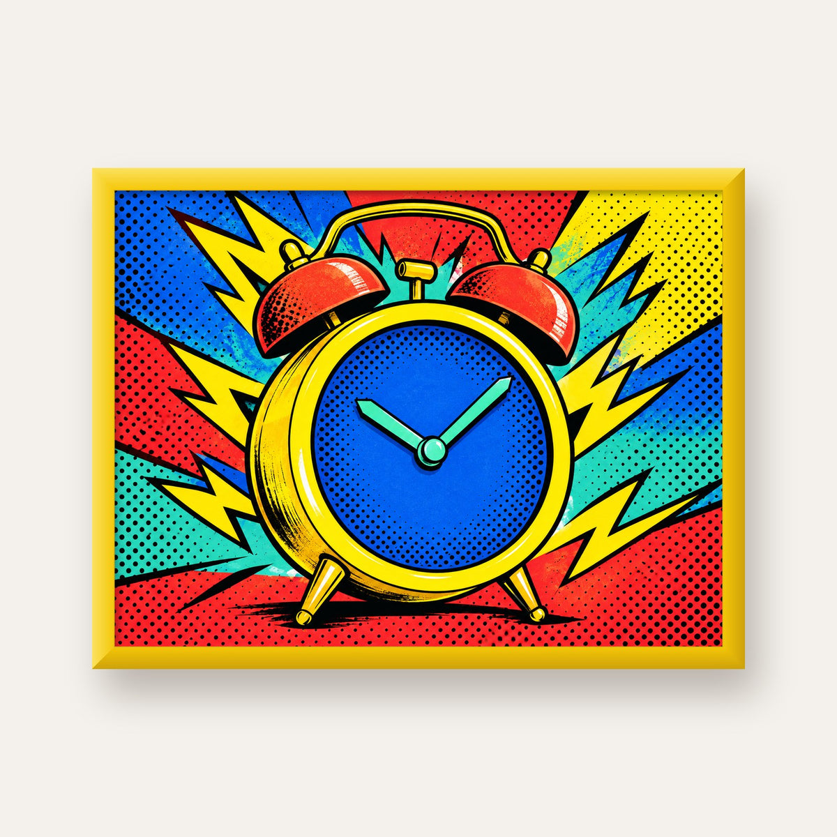 Pop Art Çalar Saat Poster – Renkli Duvar Dekoru — sarı çerçeveli