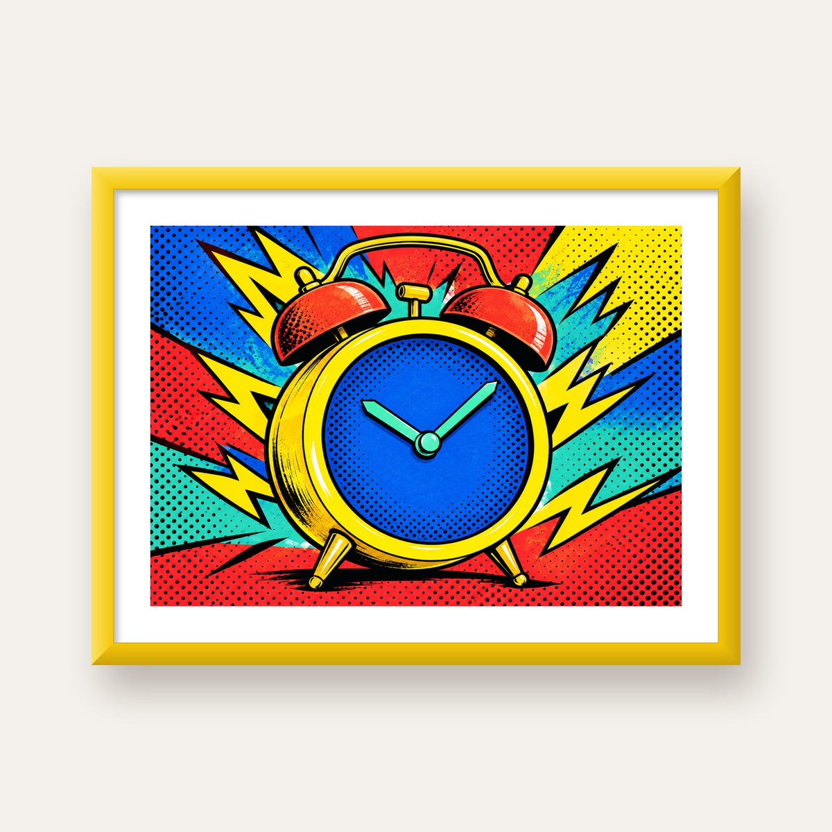 Pop Art Çalar Saat Poster – Renkli Duvar Dekoru — sarı çerçeveli paspartulu