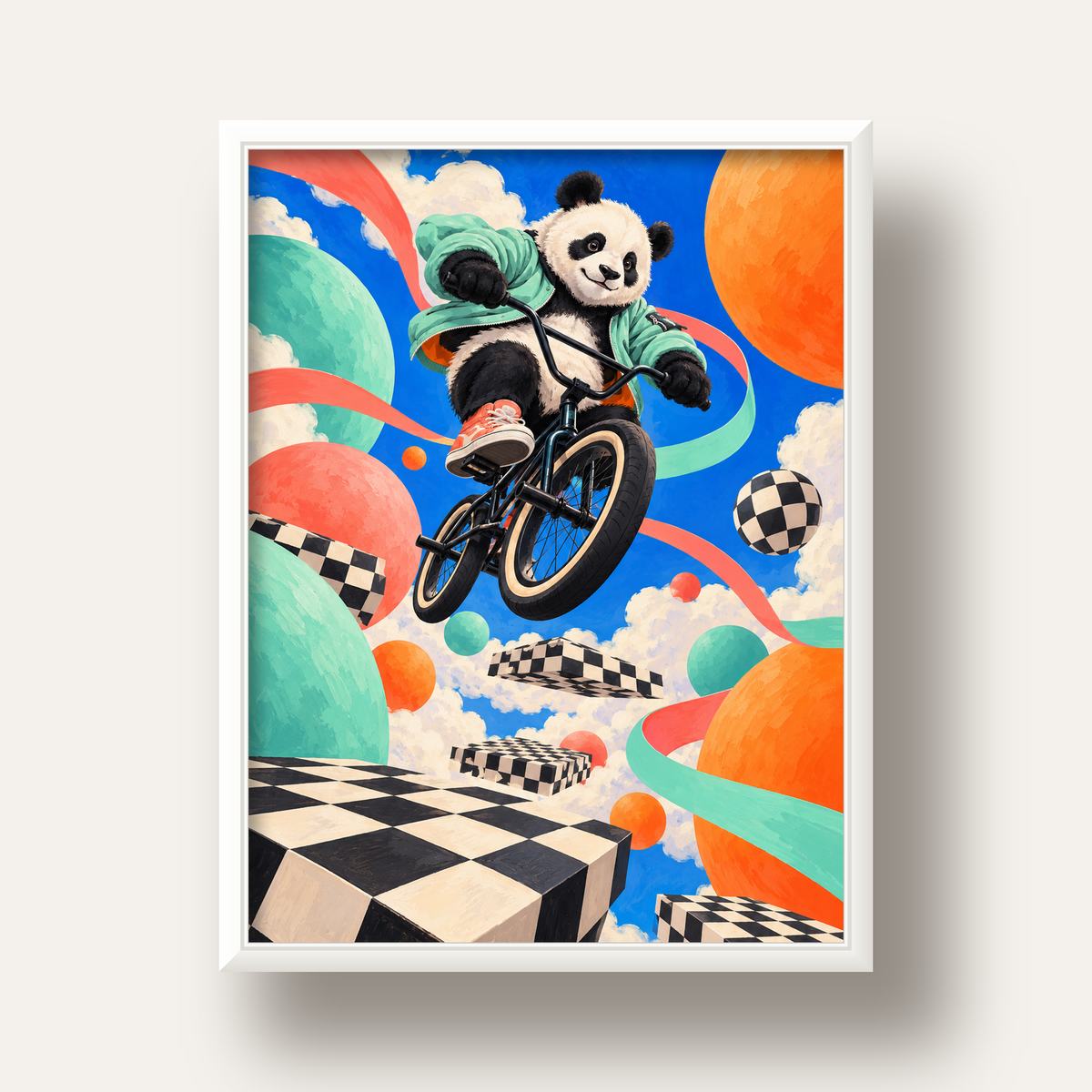 BMX Bisikletli Panda Fantazisi – Renkli Fantastik Poster — beyaz derin çerçeveli