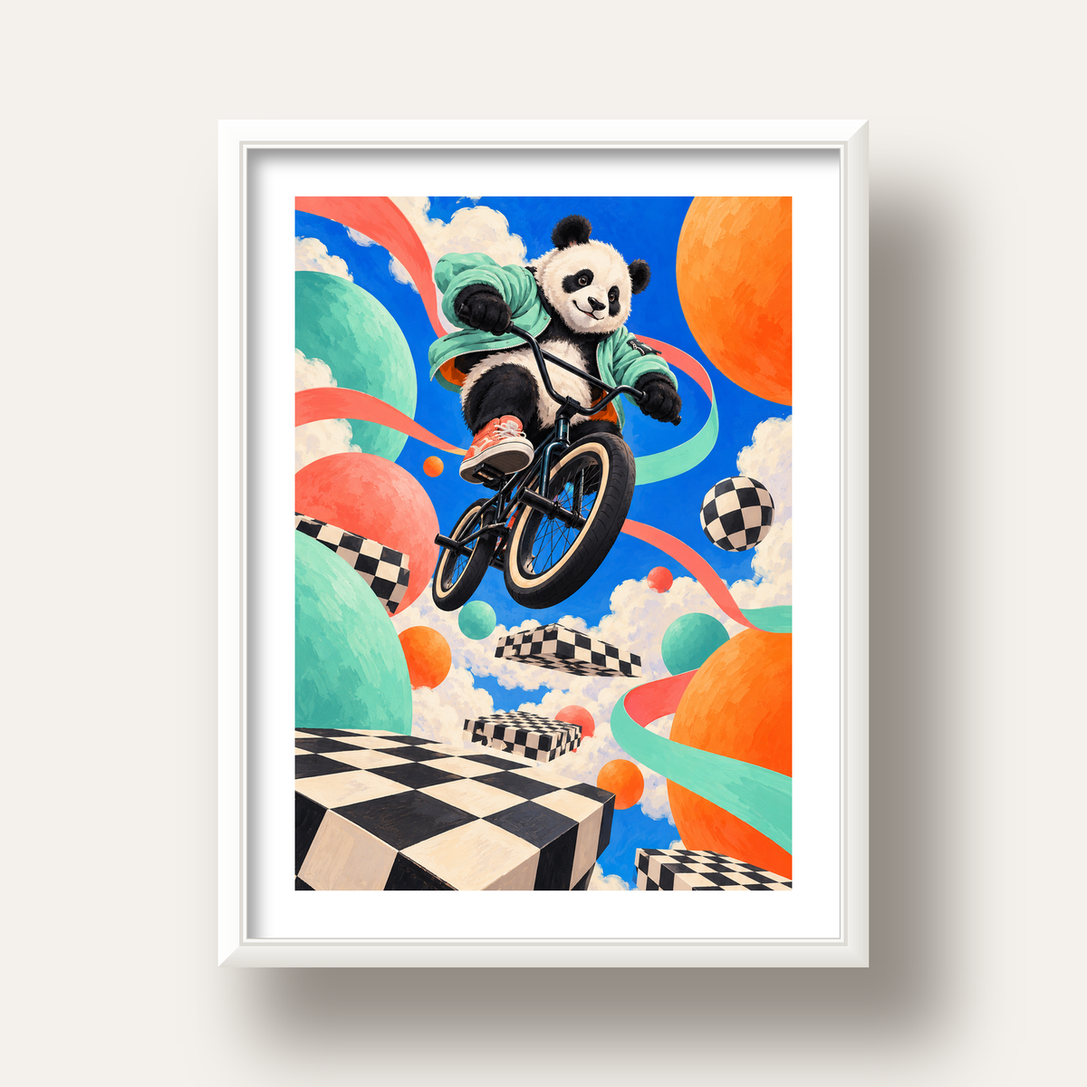 BMX Bisikletli Panda Fantazisi – Renkli Fantastik Poster — beyaz derin çerçeveli paspartulu