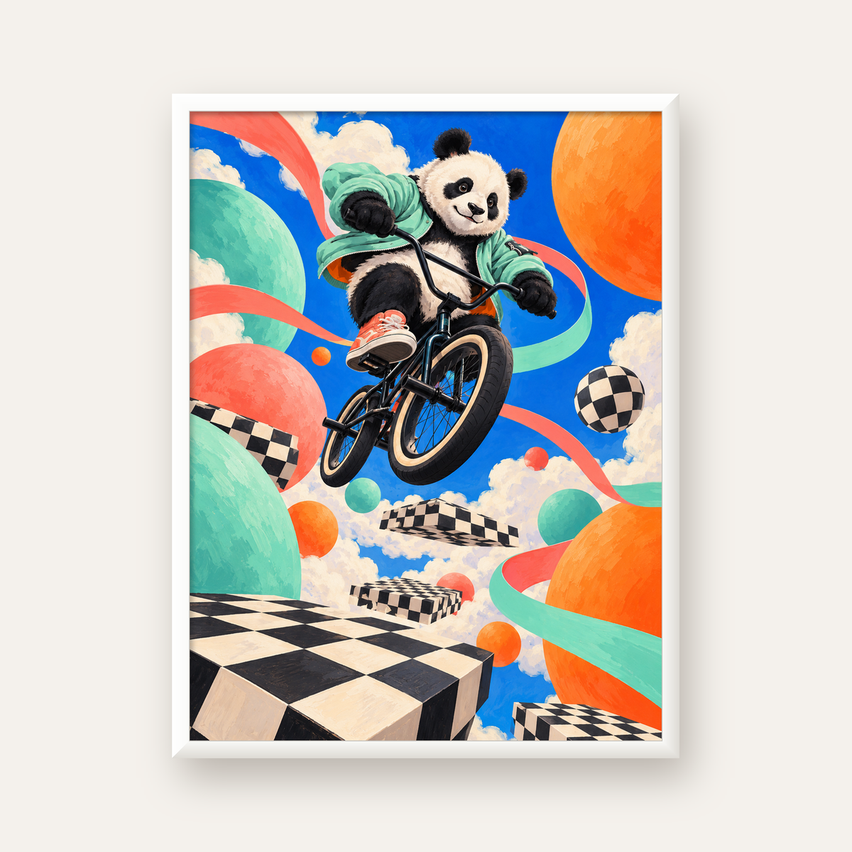BMX Bisikletli Panda Fantazisi – Renkli Fantastik Poster — beyaz çerçeveli dikey poster