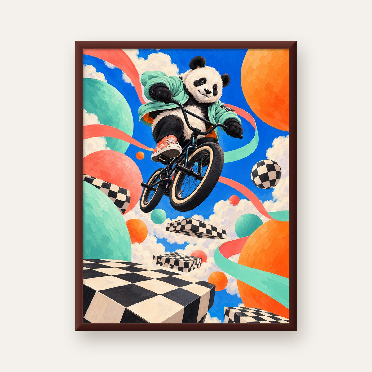BMX Bisikletli Panda Fantazisi – Renkli Fantastik Poster — ceviz çerçeveli