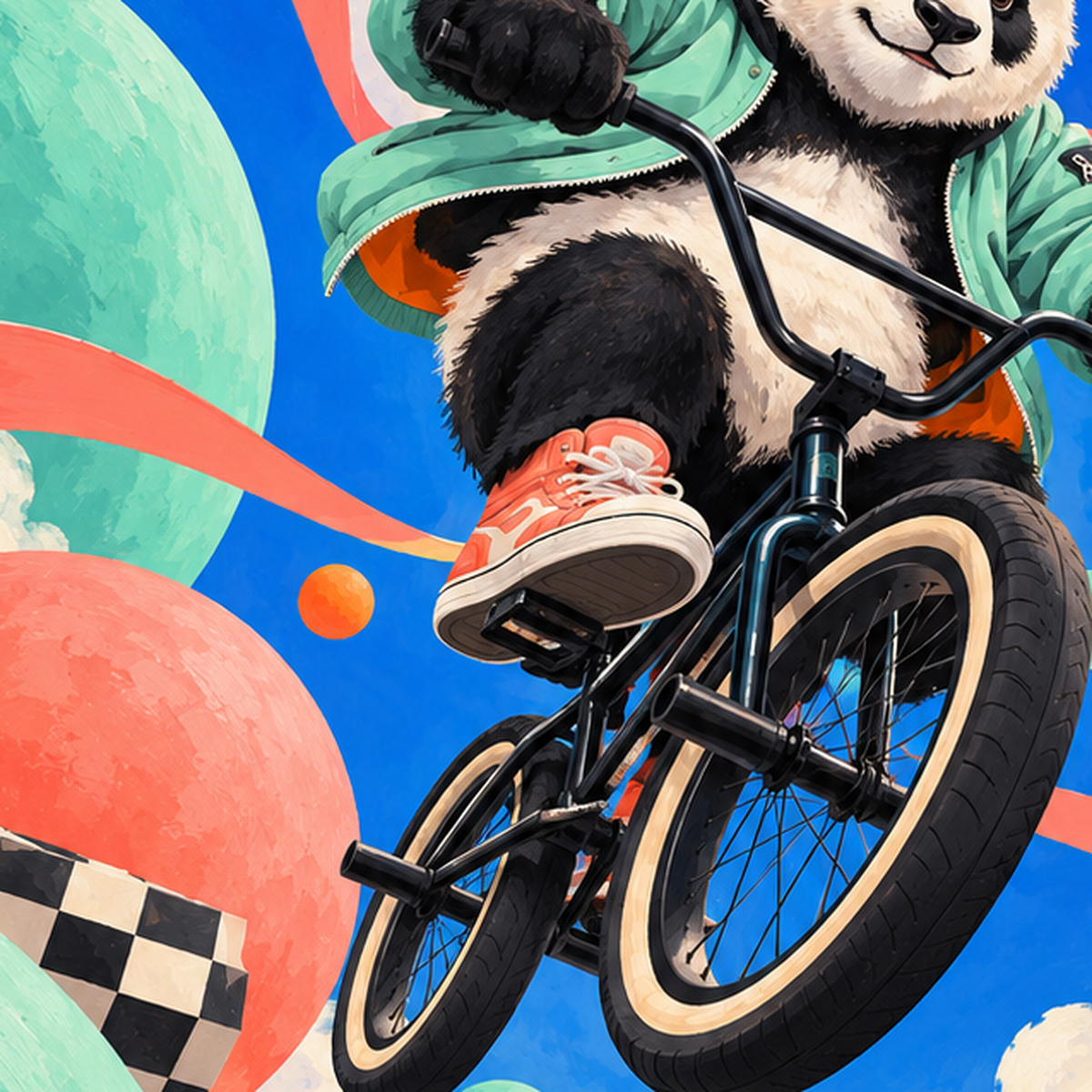 BMX Bisikletli Panda Fantazisi – Renkli Fantastik Poster — baskının yakın çekimi, kâğıt dokusu ve renk detayı