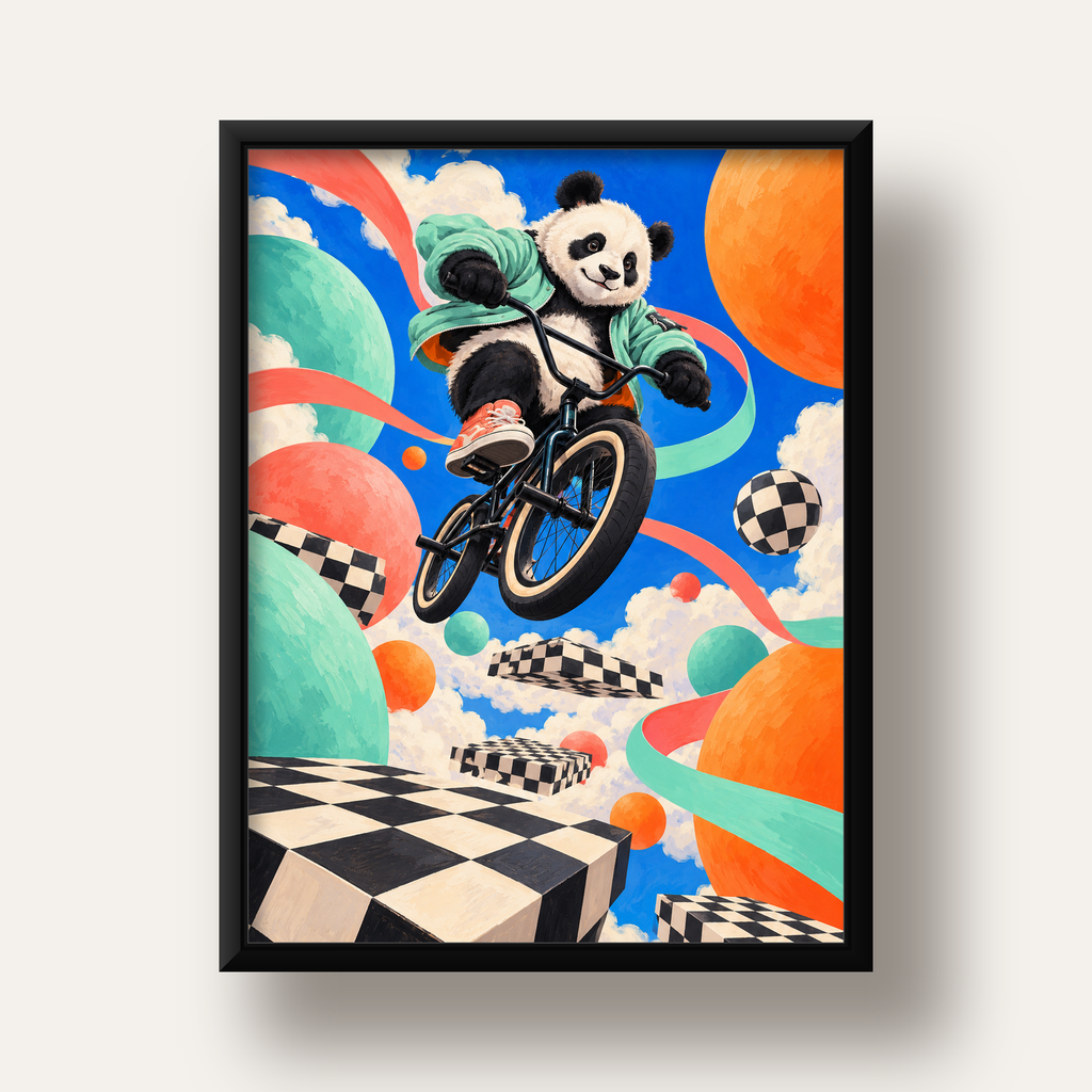 BMX Bisikletli Panda Fantazisi – Renkli Fantastik Poster — siyah derin çerçeveli