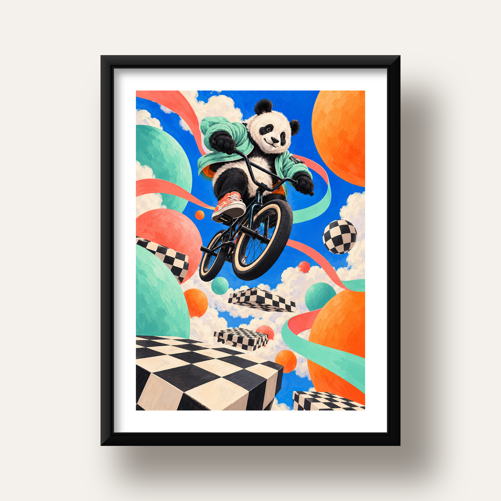BMX Bisikletli Panda Fantazisi – Renkli Fantastik Poster — siyah derin çerçeveli paspartulu