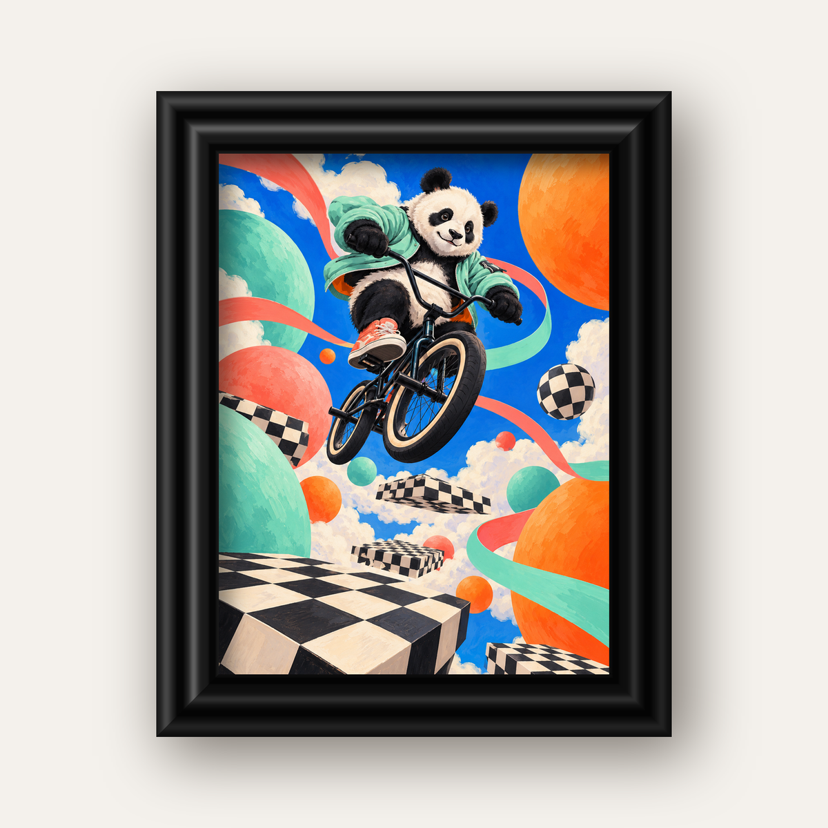 BMX Bisikletli Panda Fantazisi – Renkli Fantastik Poster — siyah galeri çerçeveli