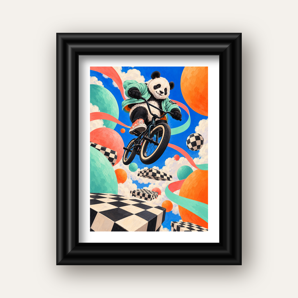 BMX Bisikletli Panda Fantazisi – Renkli Fantastik Poster — siyah galeri çerçeveli paspartulu