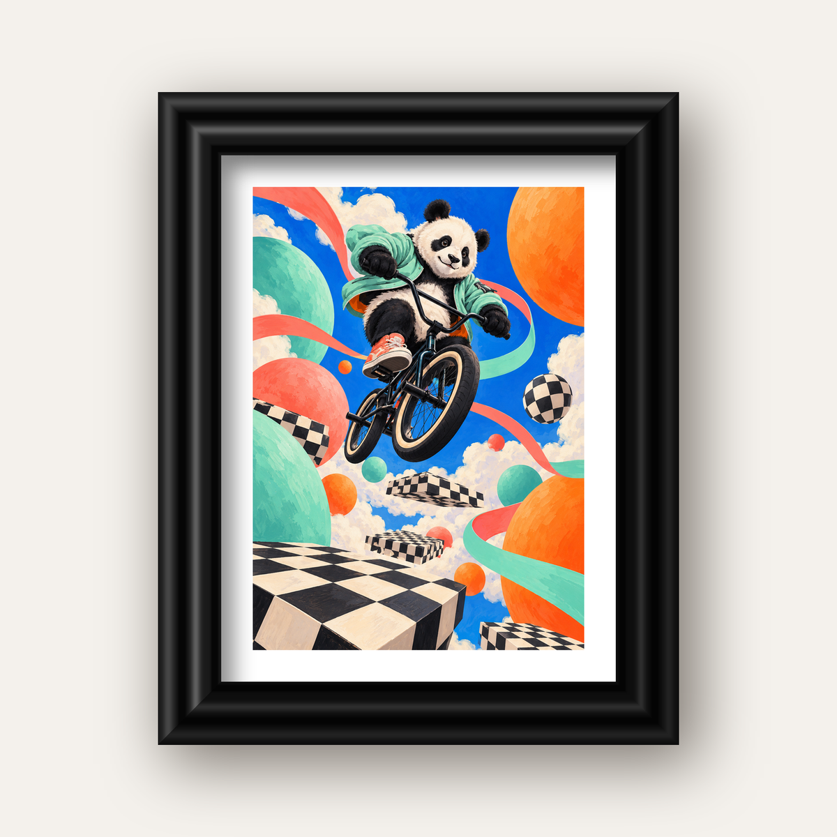 BMX Bisikletli Panda Fantazisi – Renkli Fantastik Poster — siyah galeri çerçeveli paspartulu