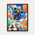 BMX Bisikletli Panda Fantazisi – Renkli Fantastik Poster — Dikey baskı, düz siyah çerçeveli duvar posteri