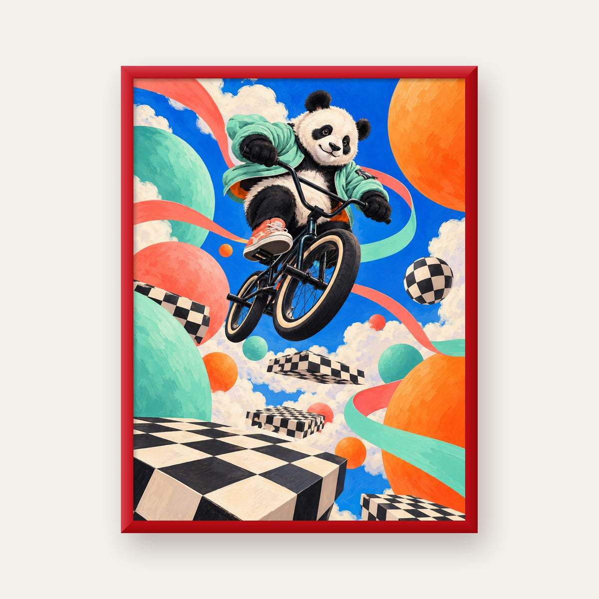 BMX Bisikletli Panda Fantazisi – Renkli Fantastik Poster — kırmızı çerçeveli