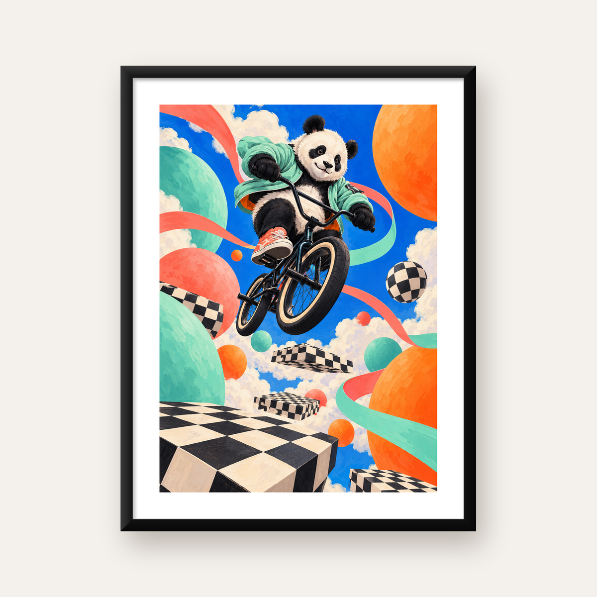 BMX Bisikletli Panda Fantazisi – Renkli Fantastik Poster — Dikey baskı, beyaz paspartulu