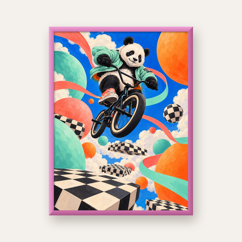 BMX Bisikletli Panda Fantazisi – Renkli Fantastik Poster — pembe çerçeveli