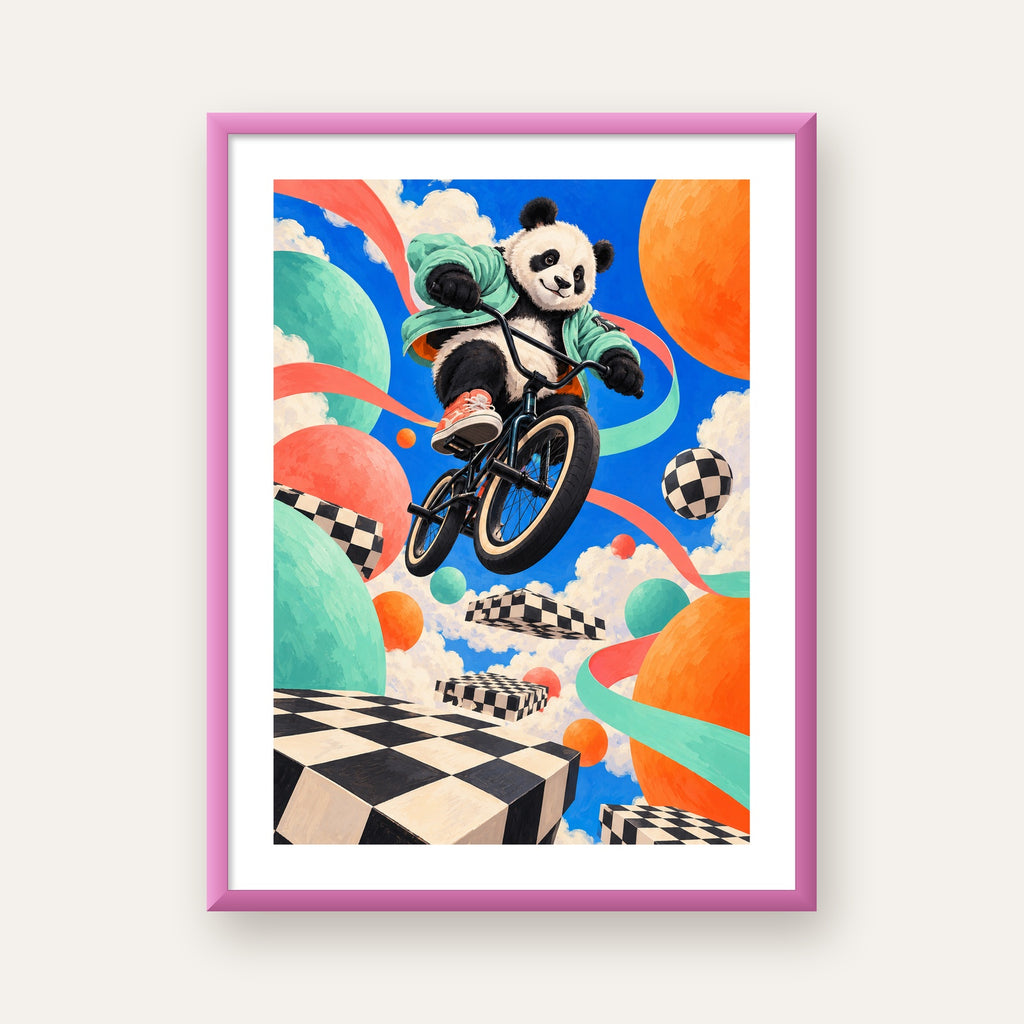 BMX Bisikletli Panda Fantazisi – Renkli Fantastik Poster — pembe çerçeveli paspartulu