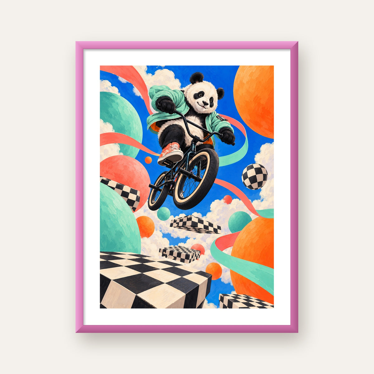 BMX Bisikletli Panda Fantazisi – Renkli Fantastik Poster — pembe çerçeveli paspartulu