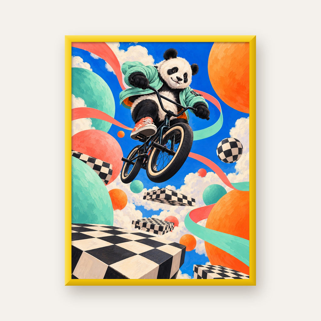 BMX Bisikletli Panda Fantazisi – Renkli Fantastik Poster — sarı çerçeveli