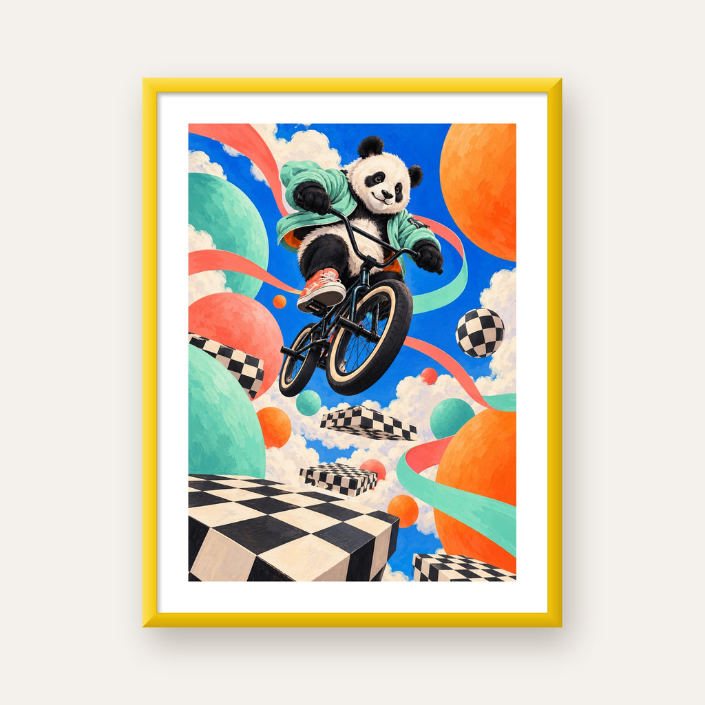 BMX Bisikletli Panda Fantazisi – Renkli Fantastik Poster — sarı çerçeveli paspartulu