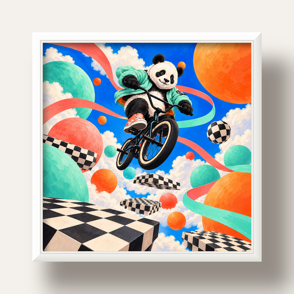 BMX Bisikletli Panda Fantazisi – Renkli Fantastik Poster — beyaz derin çerçeveli