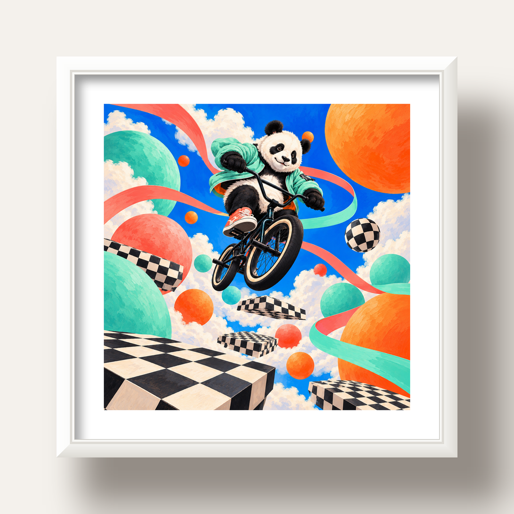 BMX Bisikletli Panda Fantazisi – Renkli Fantastik Poster — beyaz derin çerçeveli paspartulu
