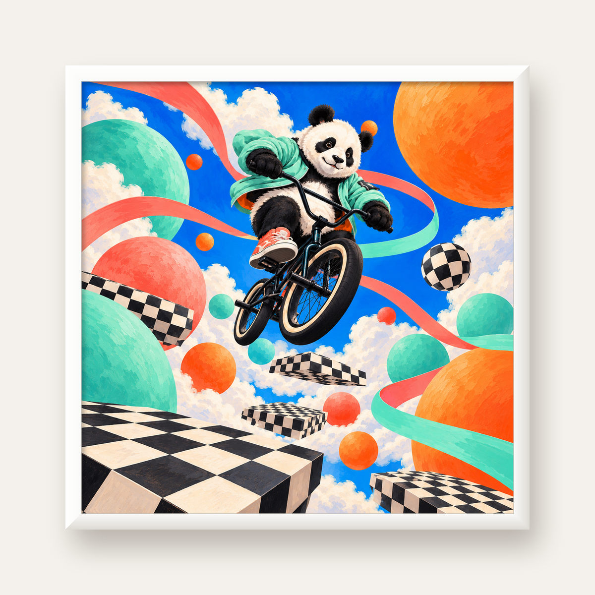 BMX Bisikletli Panda Fantazisi – Renkli Fantastik Poster — beyaz çerçeveli kare poster
