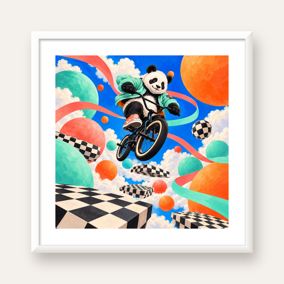 BMX Bisikletli Panda Fantazisi – Renkli Fantastik Poster — beyaz çerçeveli kare poster