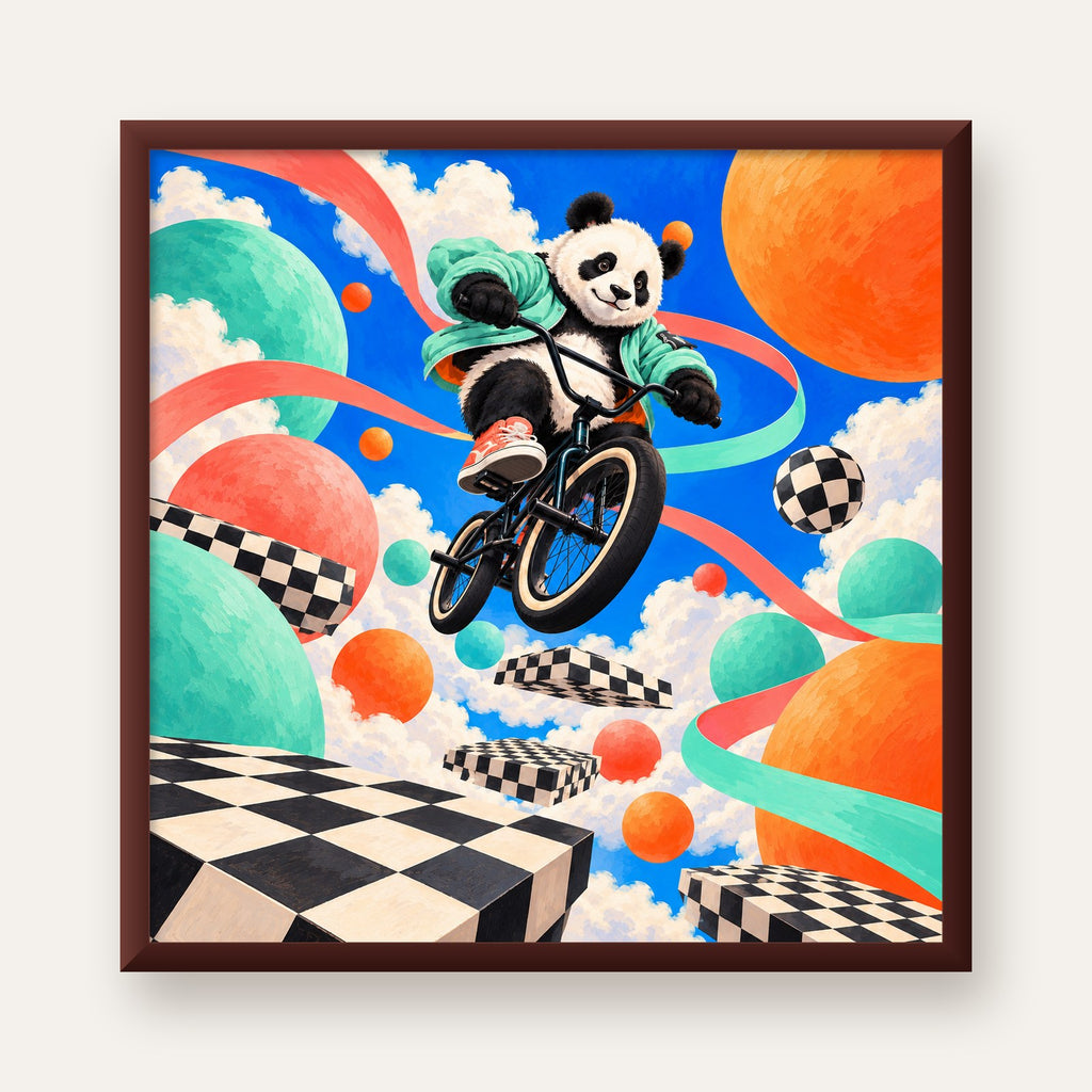 BMX Bisikletli Panda Fantazisi – Renkli Fantastik Poster — ceviz çerçeveli