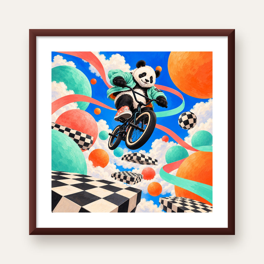 BMX Bisikletli Panda Fantazisi – Renkli Fantastik Poster — ceviz çerçeveli paspartulu