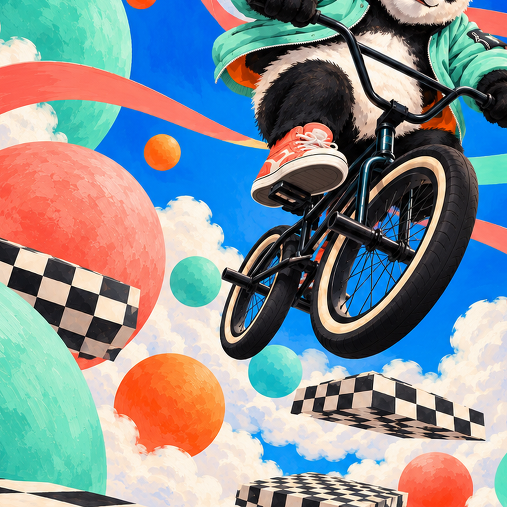 BMX Bisikletli Panda Fantazisi – Renkli Fantastik Poster — baskının yakın çekimi, kâğıt dokusu ve renk detayı