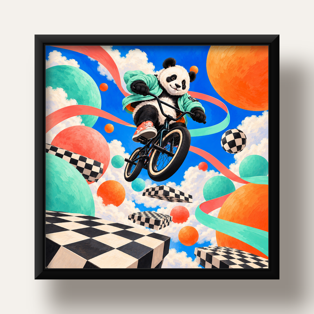 BMX Bisikletli Panda Fantazisi – Renkli Fantastik Poster — siyah derin çerçeveli