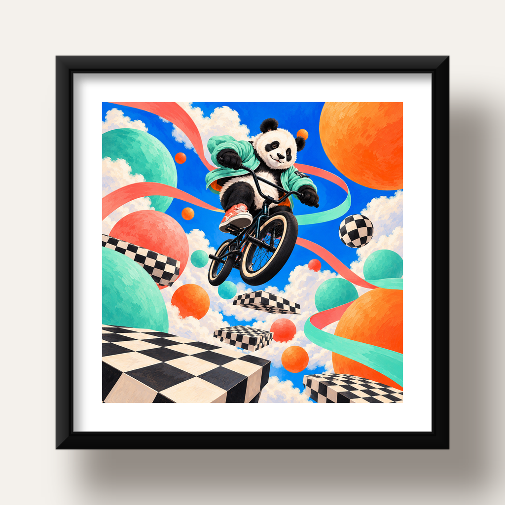 BMX Bisikletli Panda Fantazisi – Renkli Fantastik Poster — siyah derin çerçeveli paspartulu