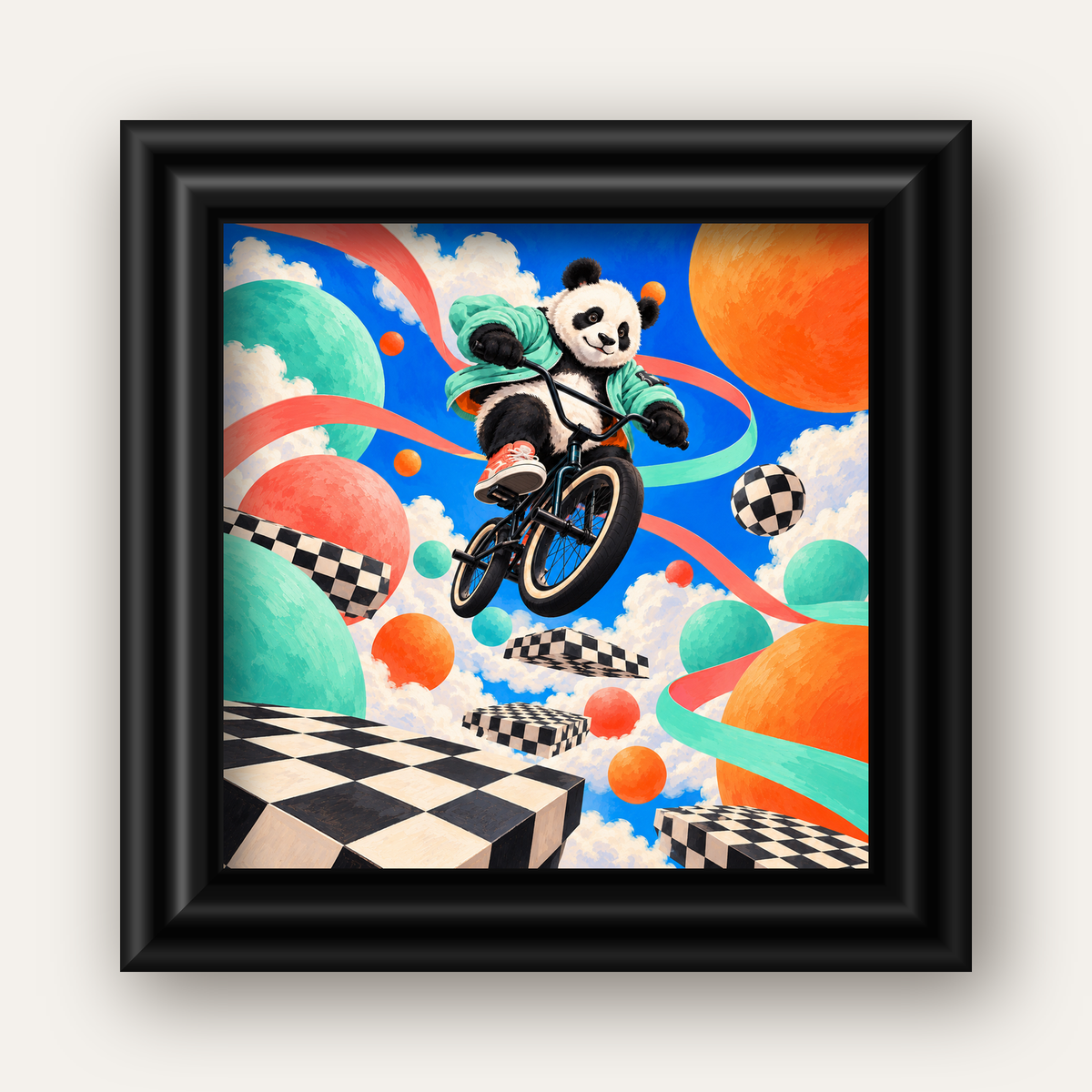 BMX Bisikletli Panda Fantazisi – Renkli Fantastik Poster — siyah galeri çerçeveli