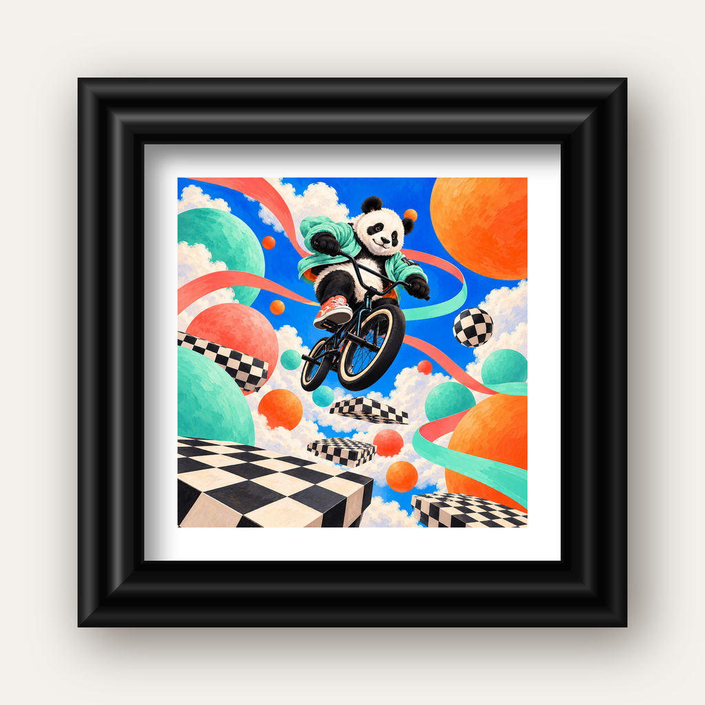 BMX Bisikletli Panda Fantazisi – Renkli Fantastik Poster — siyah galeri çerçeveli paspartulu