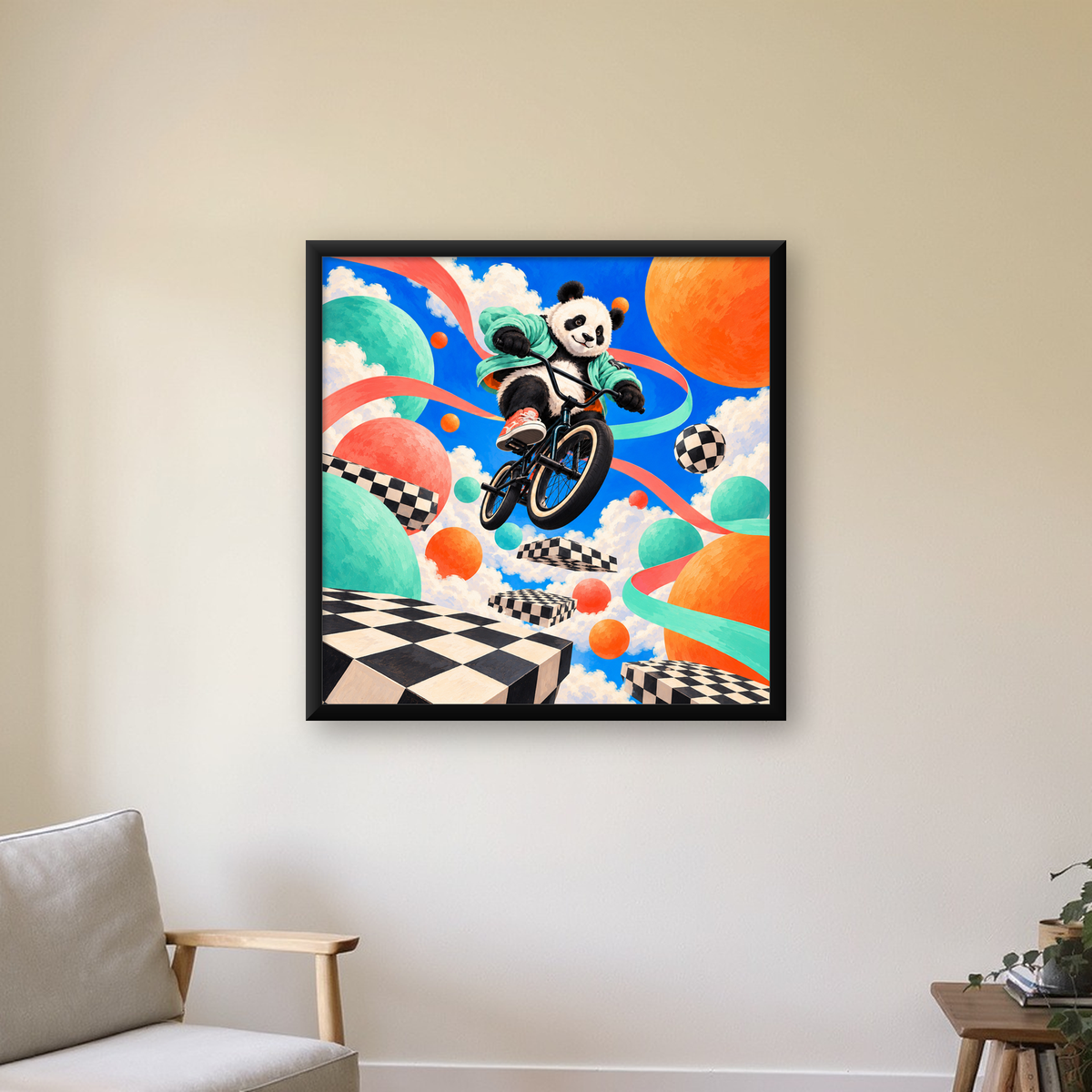 BMX Bisikletli Panda Fantazisi – Renkli Fantastik Poster — Kare baskı, çerçeveli hâliyle bir ev duvarında
