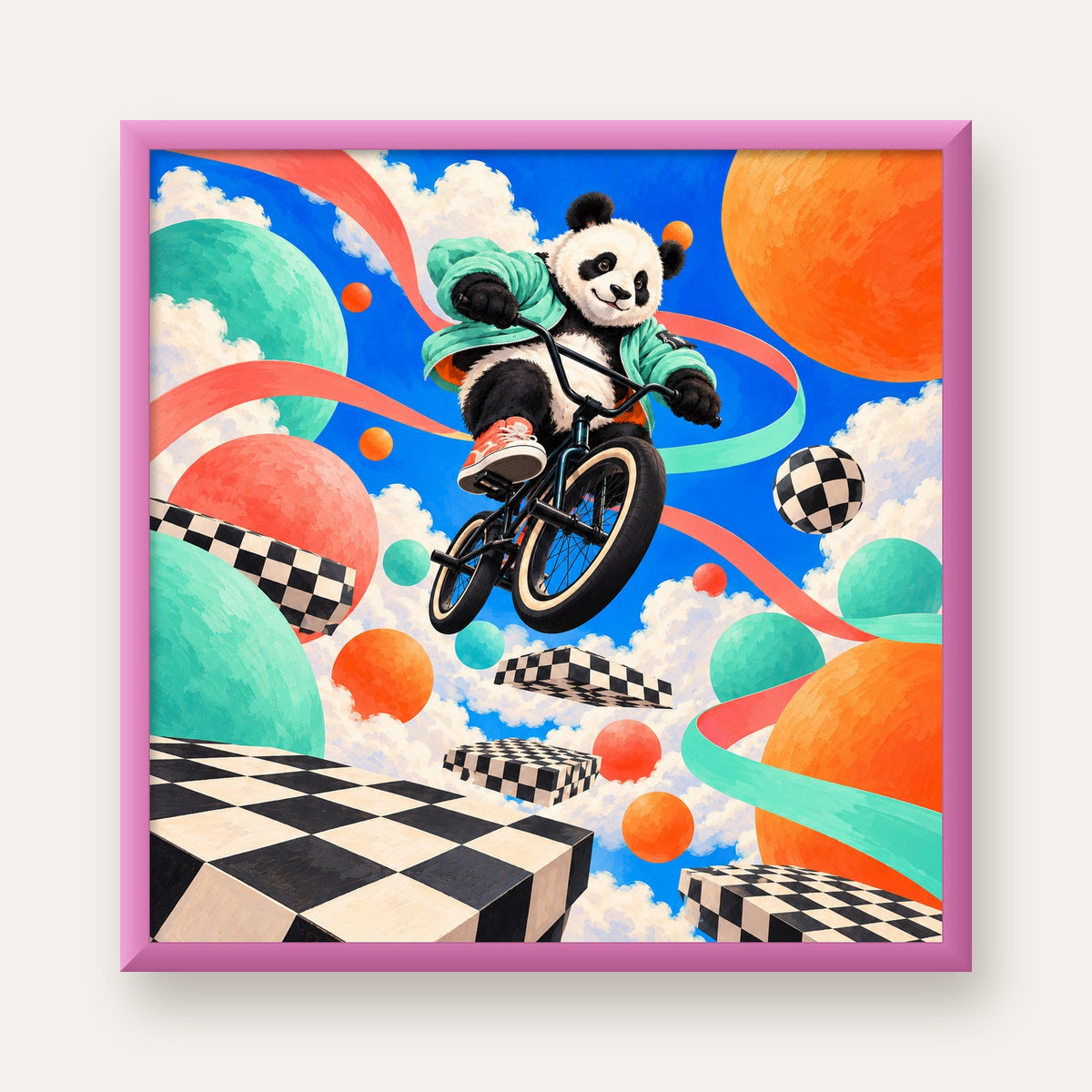 BMX Bisikletli Panda Fantazisi – Renkli Fantastik Poster — pembe çerçeveli