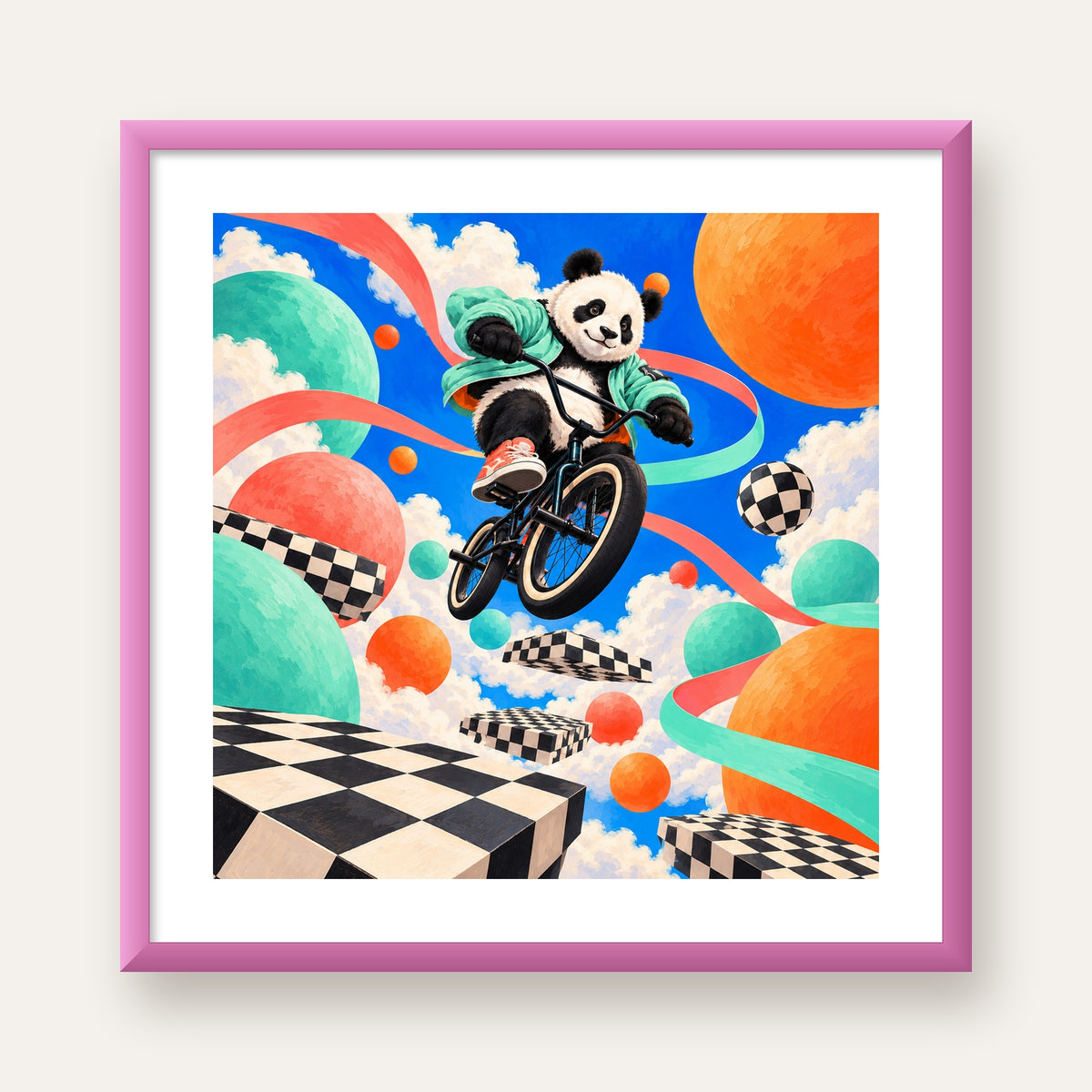 BMX Bisikletli Panda Fantazisi – Renkli Fantastik Poster — pembe çerçeveli paspartulu