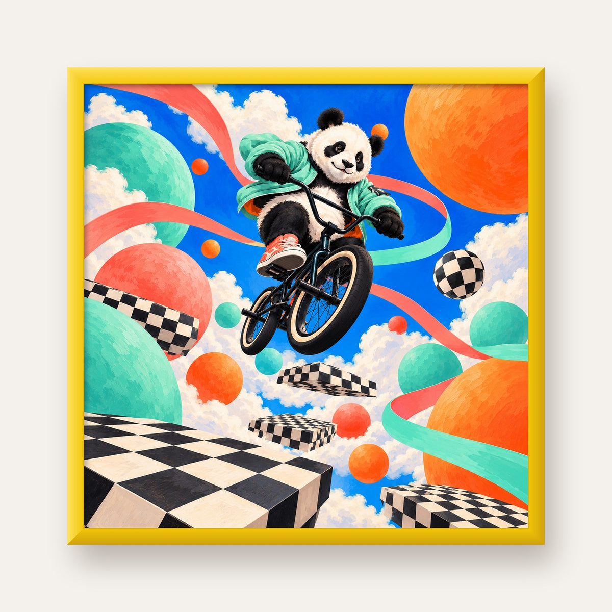 BMX Bisikletli Panda Fantazisi – Renkli Fantastik Poster — sarı çerçeveli