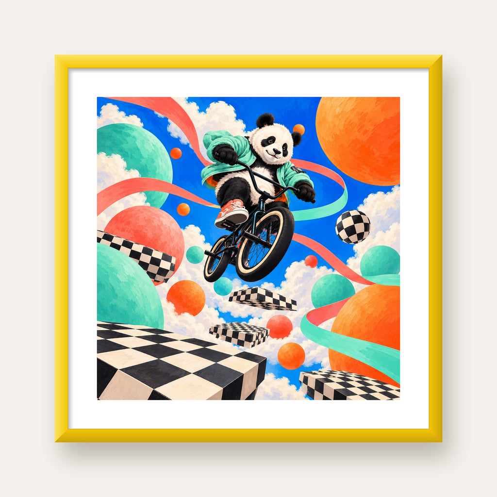 BMX Bisikletli Panda Fantazisi – Renkli Fantastik Poster — sarı çerçeveli paspartulu
