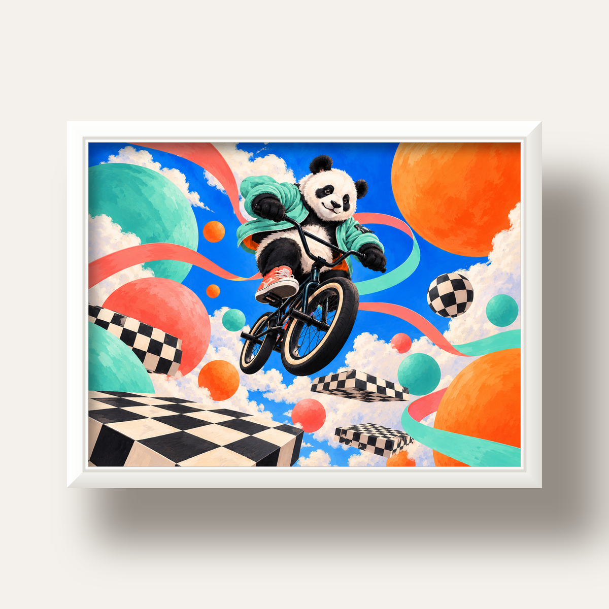 BMX Bisikletli Panda Fantazisi – Renkli Fantastik Poster — beyaz derin çerçeveli