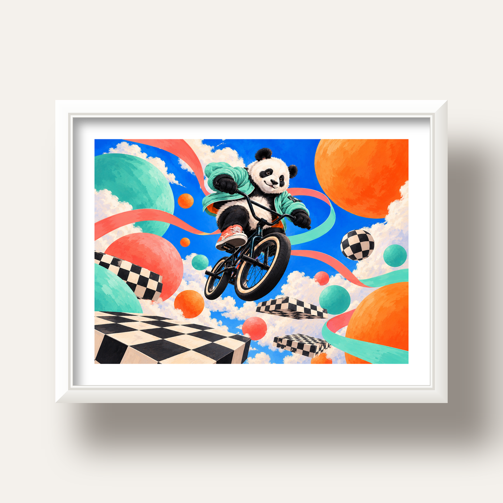 BMX Bisikletli Panda Fantazisi – Renkli Fantastik Poster — beyaz derin çerçeveli paspartulu