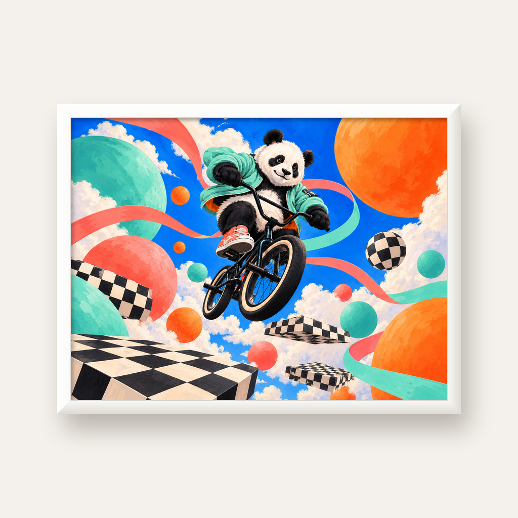 BMX Bisikletli Panda Fantazisi – Renkli Fantastik Poster — beyaz çerçeveli yatay poster