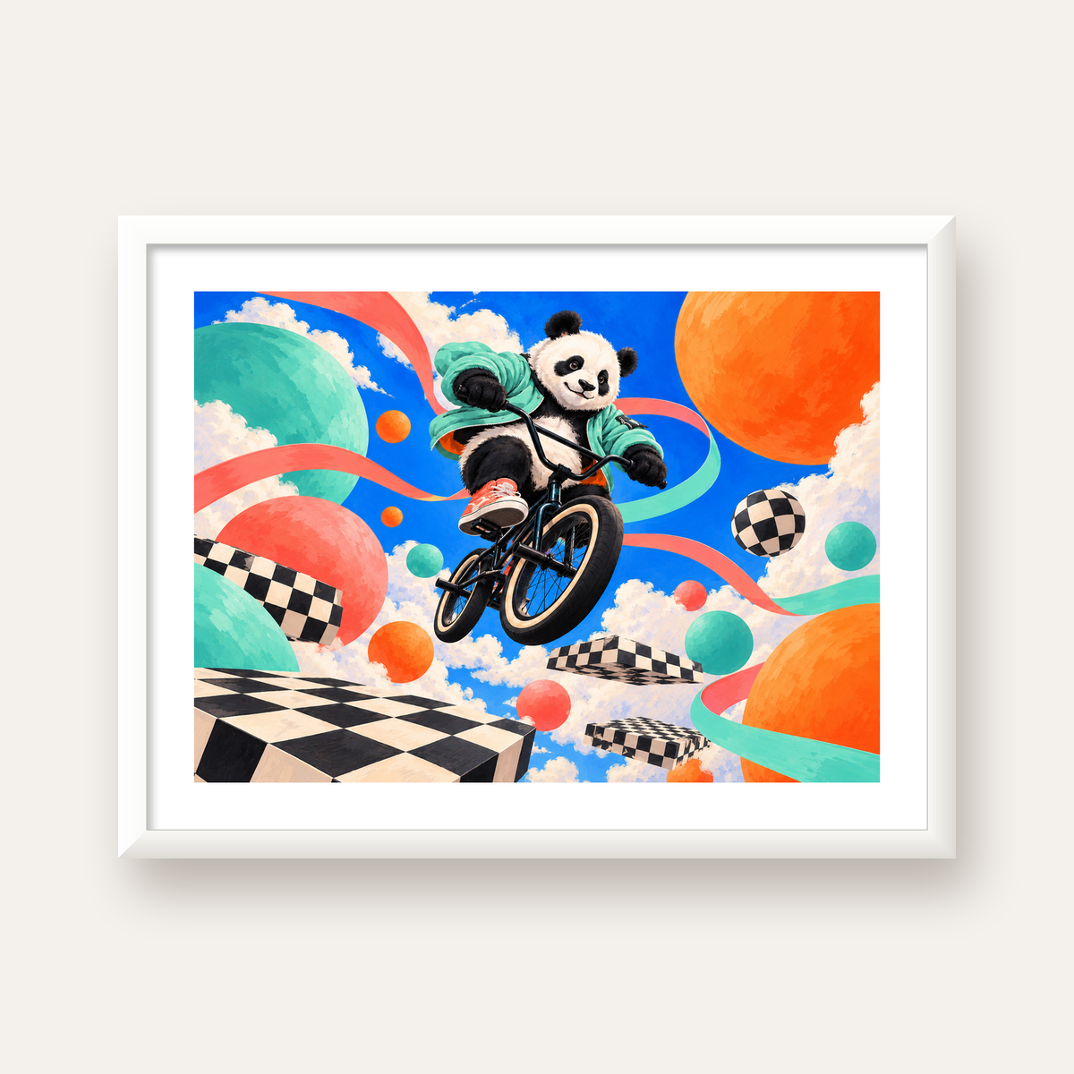 BMX Bisikletli Panda Fantazisi – Renkli Fantastik Poster — beyaz çerçeveli yatay poster