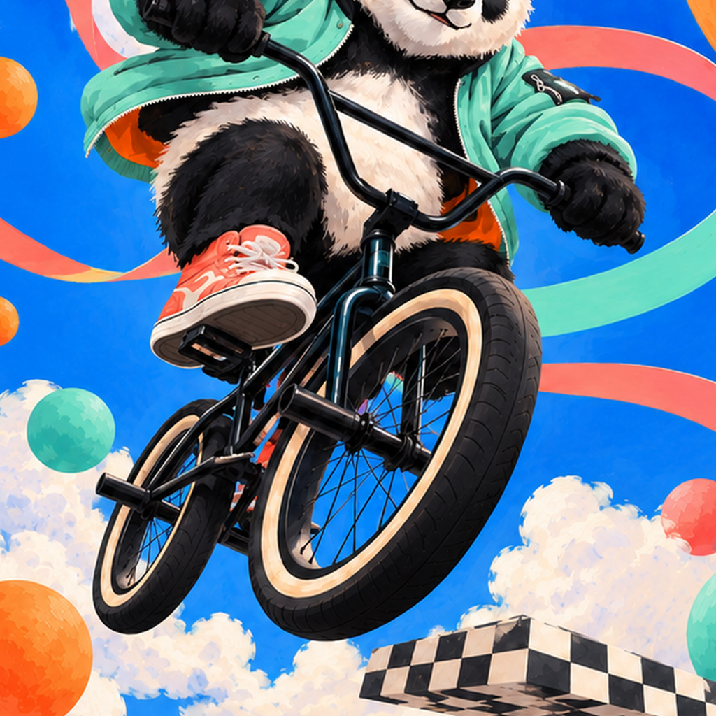 BMX Bisikletli Panda Fantazisi – Renkli Fantastik Poster — baskının yakın çekimi, kâğıt dokusu ve renk detayı