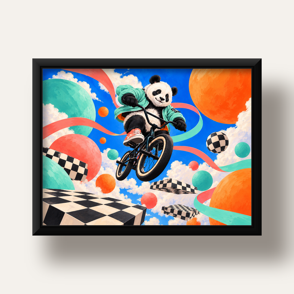 BMX Bisikletli Panda Fantazisi – Renkli Fantastik Poster — siyah derin çerçeveli