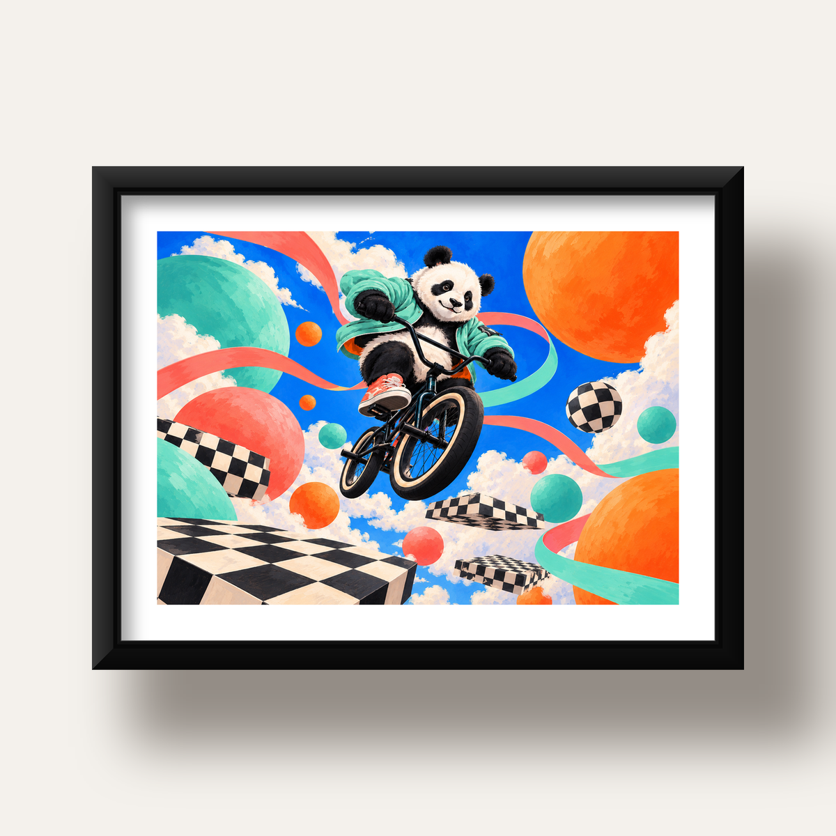 BMX Bisikletli Panda Fantazisi – Renkli Fantastik Poster — siyah derin çerçeveli paspartulu