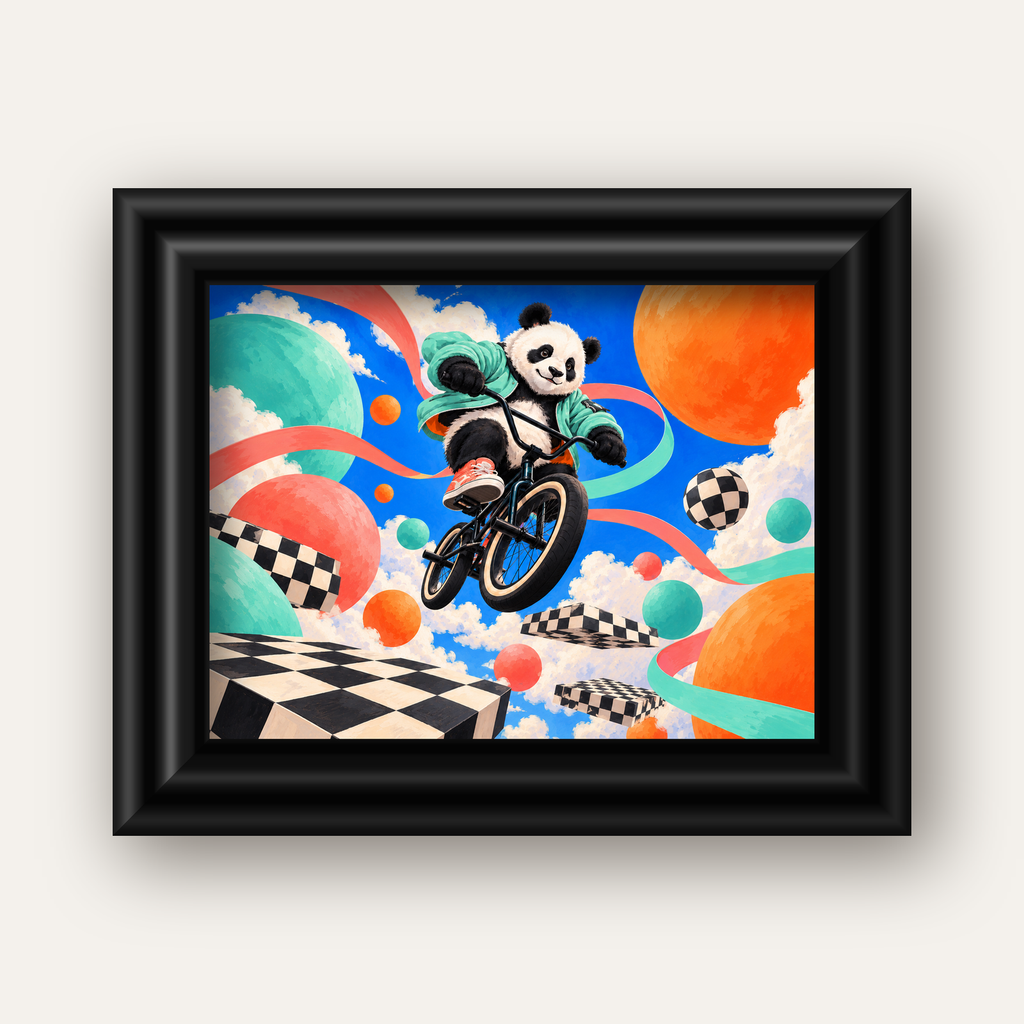 BMX Bisikletli Panda Fantazisi – Renkli Fantastik Poster — siyah galeri çerçeveli