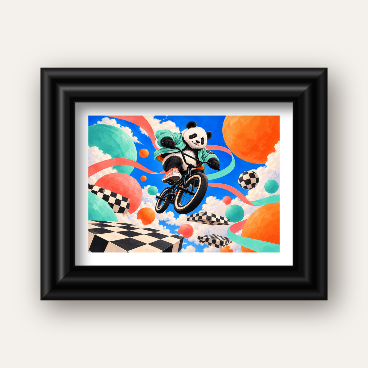 BMX Bisikletli Panda Fantazisi – Renkli Fantastik Poster — siyah galeri çerçeveli paspartulu