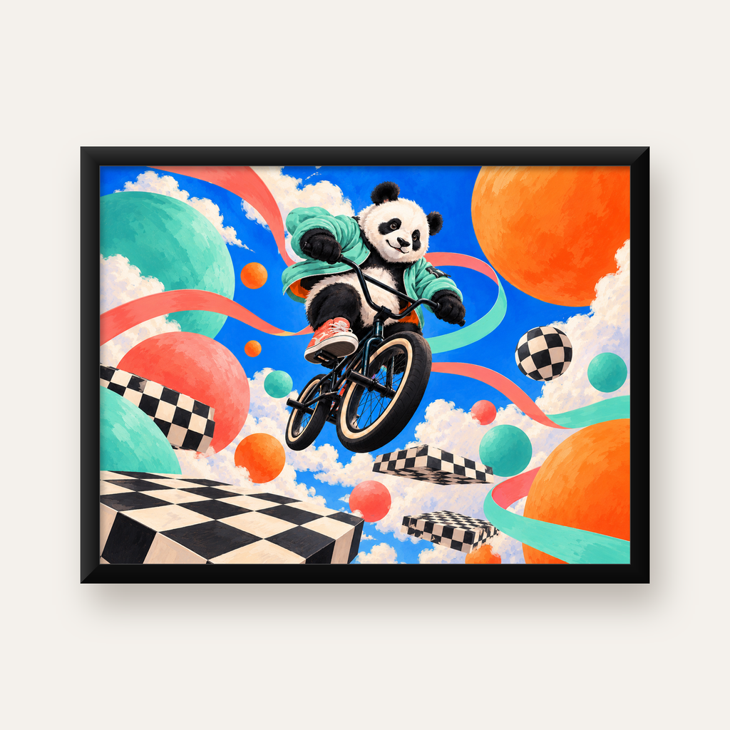 BMX Bisikletli Panda Fantazisi – Renkli Fantastik Poster — Yatay baskı, düz siyah çerçeveli duvar posteri