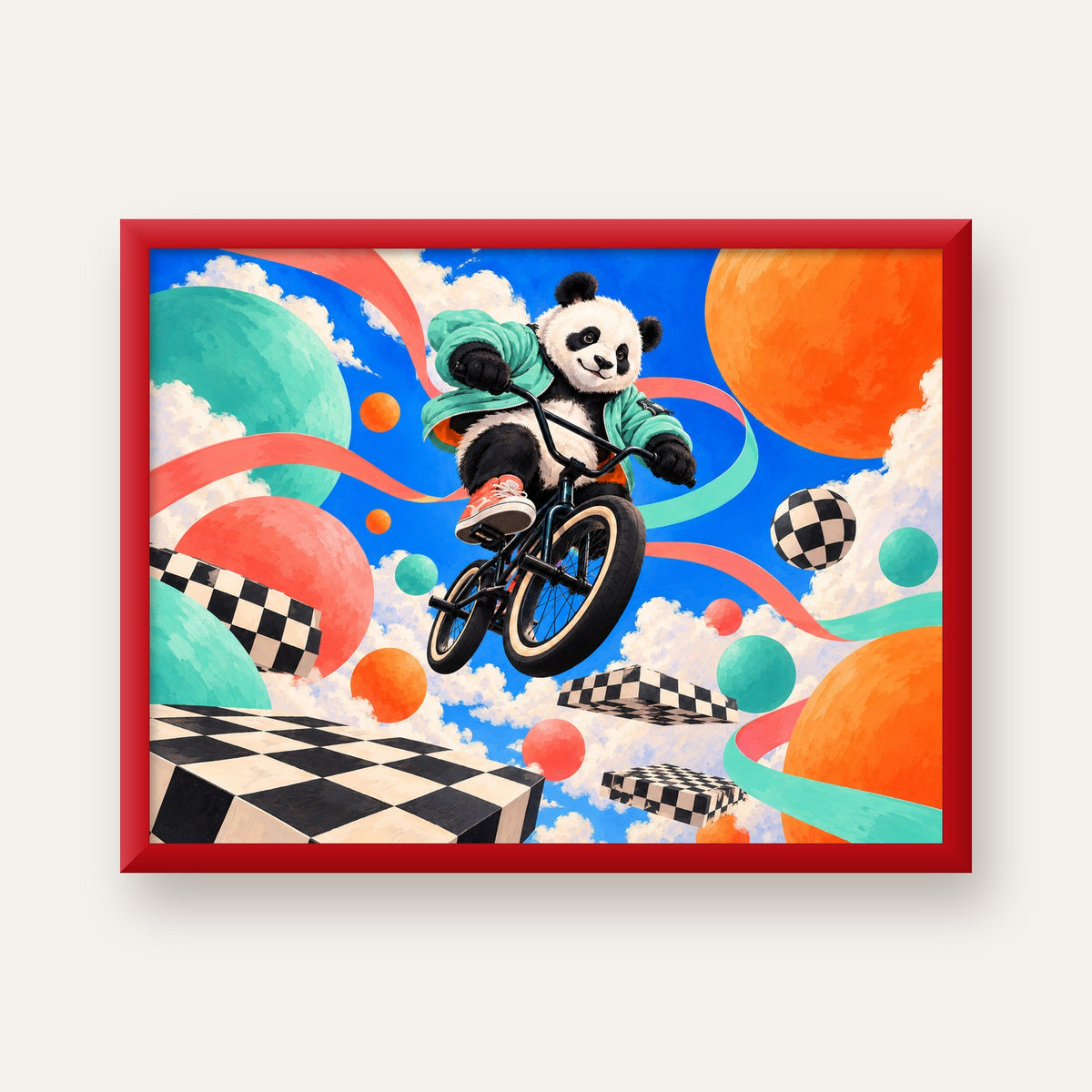 BMX Bisikletli Panda Fantazisi – Renkli Fantastik Poster — kırmızı çerçeveli