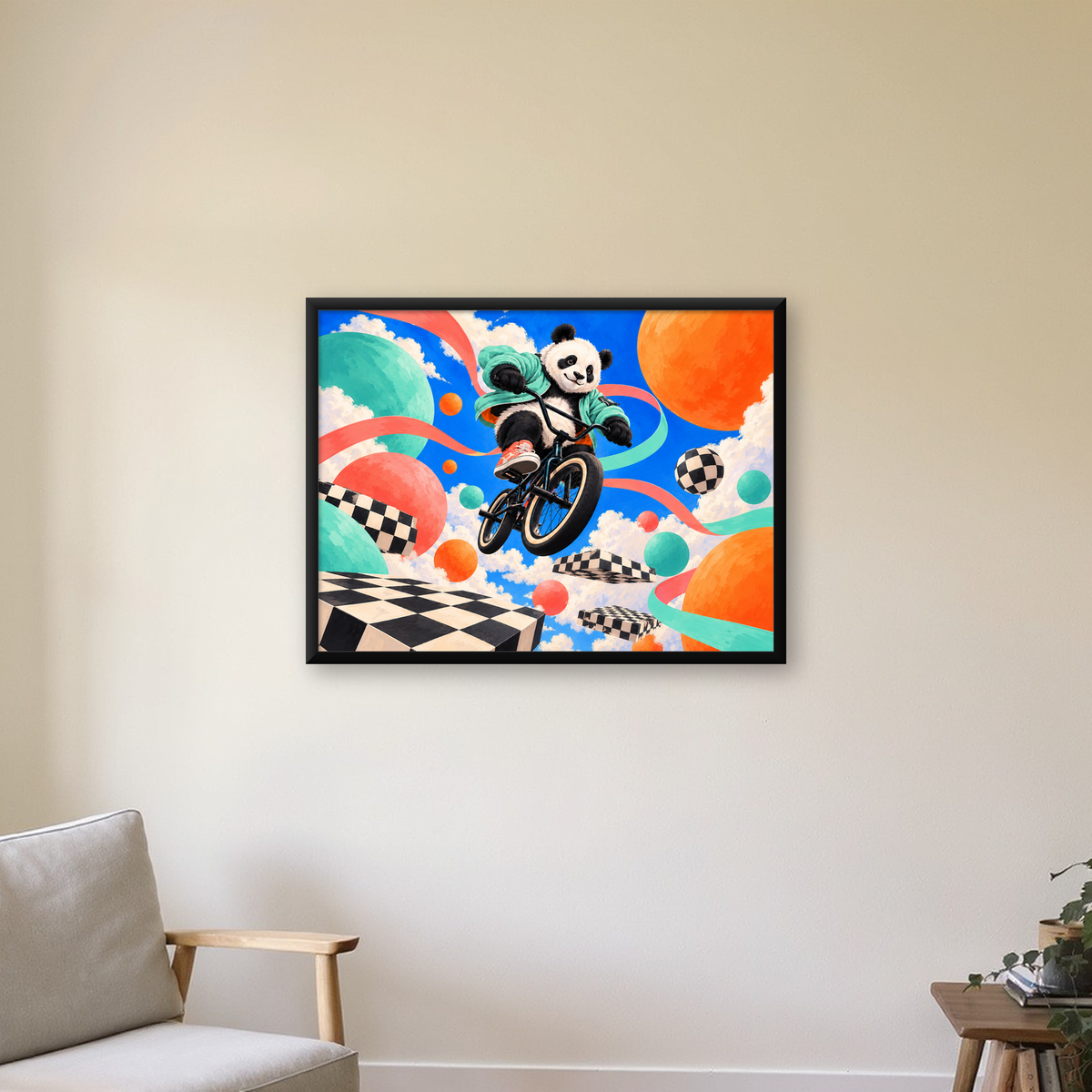 BMX Bisikletli Panda Fantazisi – Renkli Fantastik Poster — Yatay baskı, çerçeveli hâliyle bir ev duvarında