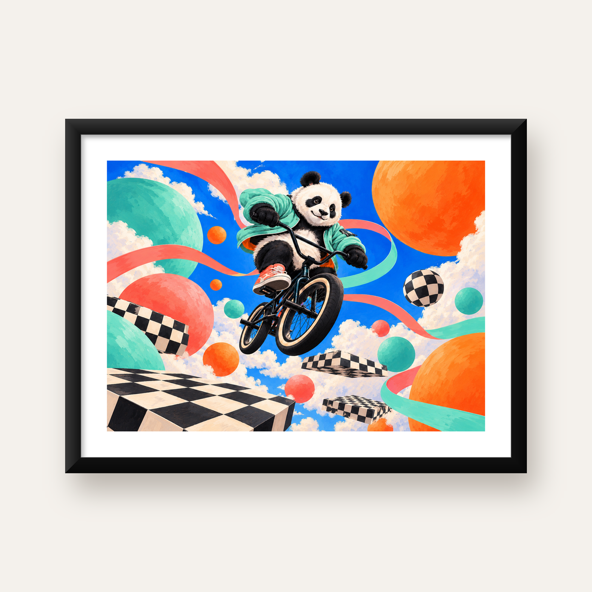 BMX Bisikletli Panda Fantazisi – Renkli Fantastik Poster — Yatay baskı, beyaz paspartulu